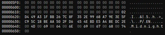 Hex view of an encrypted file with .Midnight appended to the file content