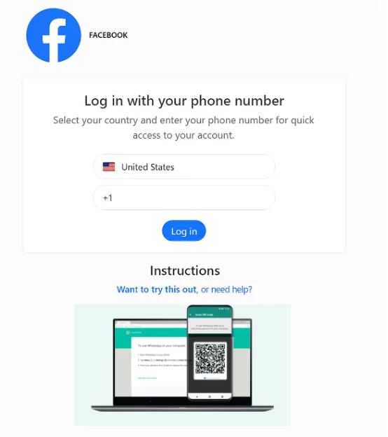 Fake Facebook page showed after clicking on the WhatsApp received link.