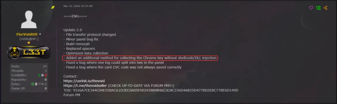 VoidStealer v2.0 changelog (Source : Google).