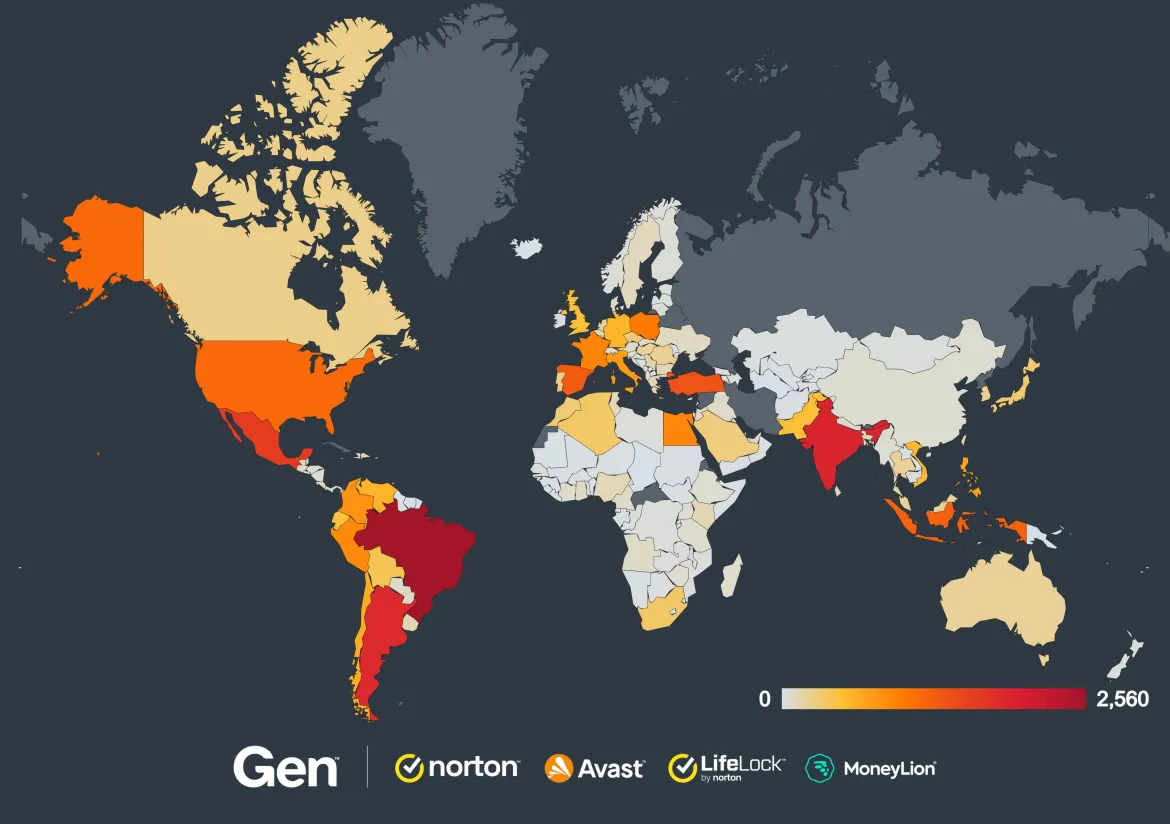 Global distribution of unique users protected by Gen from GoFlateLoader by country since April 2026 (Source : Gen).