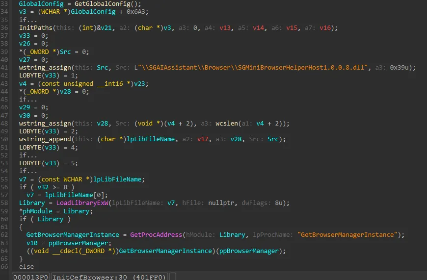IDA snippet showcasing the load and call into SGMiniBrowserHelperHost1.0.0.8.dll (Source : Gen).
