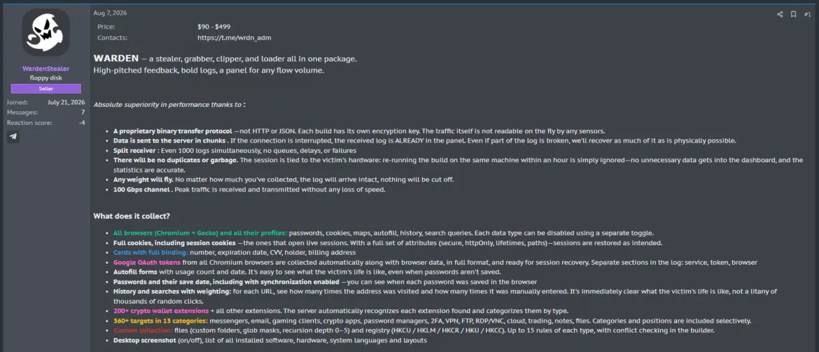 Warden Stealer advertised on an underground forum (Source : Gen).