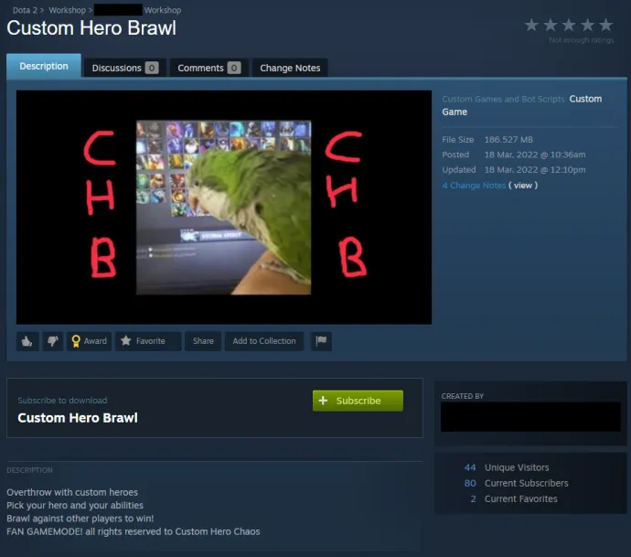 The Steam page of one of the backdoored custom game modes.