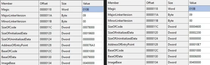 PE header information before and after self-injection 8B85A4D9DF1140D25F11914EC4E429C505BD97551EDE19197D2B795C44770AFE