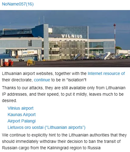 NoName057(16) claiming to be responsible for a DDoS attack on Lithuanian airports, posted on NoName057(16)’s Telegram channel