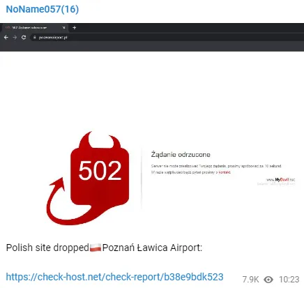 NoName057(16)’s Telegram post related to their DDoS attack on Poznań-Ławica Airport