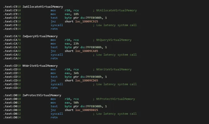 Figure 4. Code segment of ntdll.dll with VirtualMemory methods