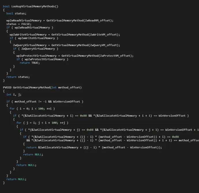 Figure 5. Implementation of the lookup routine searching for the kernel VirtualMemory methods