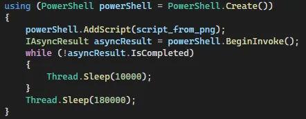 Figure 7. Code fragment of PNGLoader executing the PowerShell payload