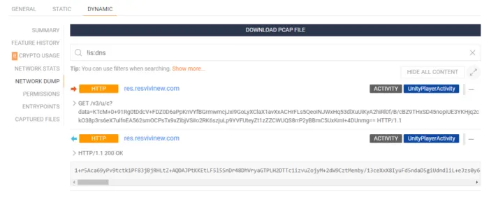 Dynamic network dump results.