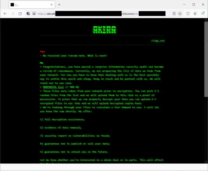 Figure 7: Akira TOR site instructing victim on how to pay ransom.