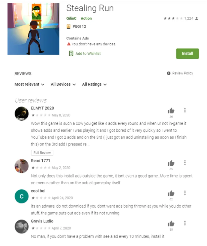 Users correctly point out the adware features of the app.