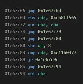 Several concatenated consecutive blocks, note the conditional jump that has predetermined result.