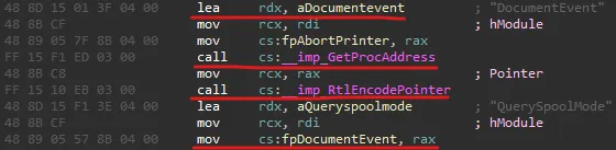 The exploit scans gdi32.dll for the sequence of the four underlined instructions and extracts the address of fpDocumentEvent from the operands of the last instruction.