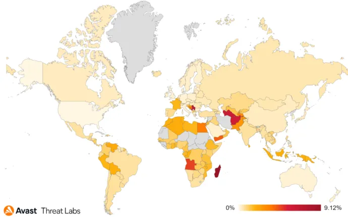Map showing global risk ratio for coinminer attacks in Q2/2022