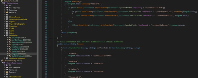 Examples of two .NET executables loaded by the VB core. The stolen credentials are written to “credentials.txt”