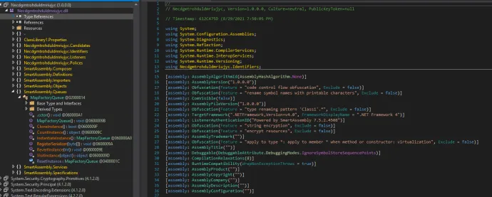 Overview of the decompressed Ehiuuvbfrnprkuyuxqv. Here you can find the method RegisterSerializer locates inside SmartAssembly.Queues.MapFactoryQueue