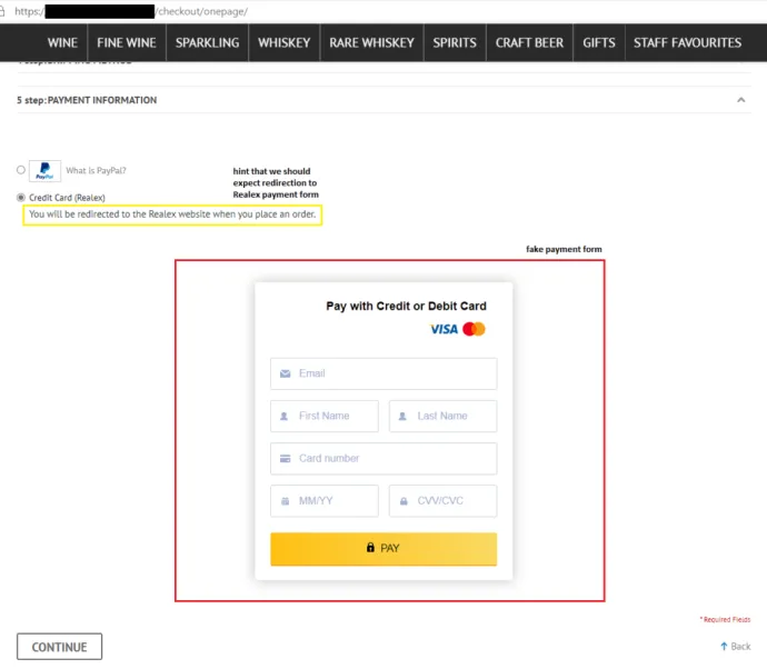 Example of a malicious payment form on an infected website
