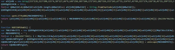 A snippet of the obfuscated JavaScript exploit for CVE-2021-26411
