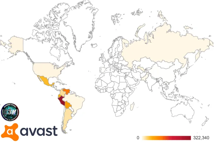 A map illustrating the amount of neutralized Retadup infections per country. Most victims of Retadup were from Spanish-speaking countries in Latin America.
