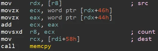 The vulnerable code from gdi32.dll. When it gets executed, both r8 and rdi are pointing into attacker-controllable memory.
