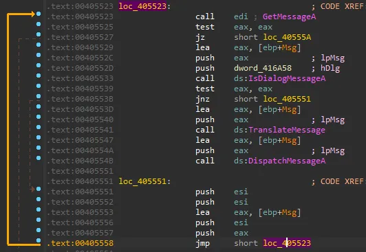 Original WinBin2Iso binary, note that the jump leads back to GetMessageA