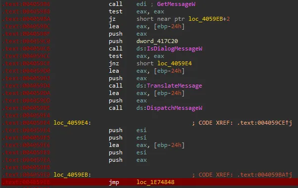 Patched WinBin2Iso binary, notice that the jump leads to totally different address range
