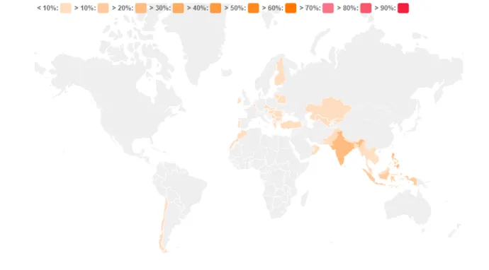 Map shows the % spread of first 200 downloads recorded by Avast.