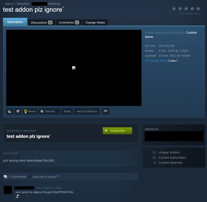 The Steam page of the custom game mode where the attacker tested the exploit.