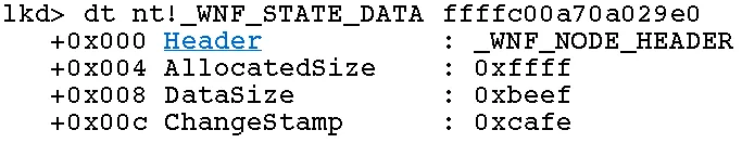 The corrupted _WNF_STATE_DATA instance. AllocatedSize and DataSize were both artificially increased, while ChangeStamp got set to an easily recognizable value.