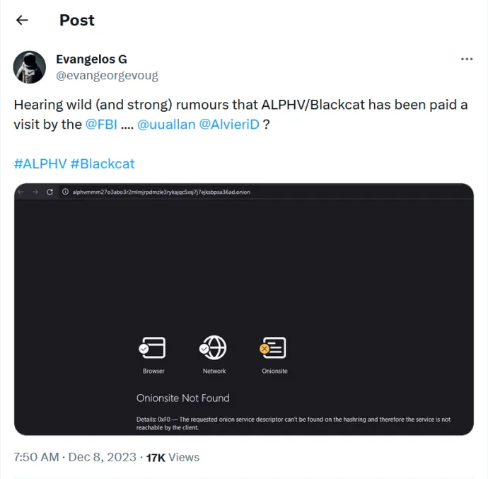 Tweet informing about possible FBI operation on BlackCat gang