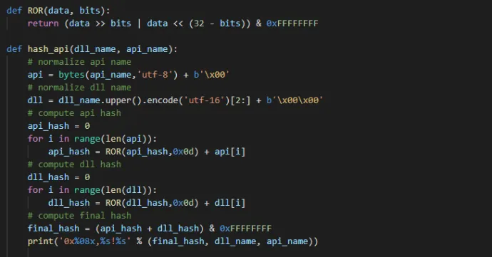Python implementation of API hashing algorithm