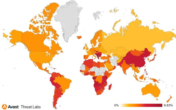 Map showing the global risk ratio for Adware in Q4/2023