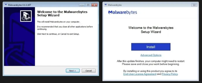 The setup wizard (left) has the typical Inno Setup look, which makes it look different than the legitimate Malwarebytes installer (right).