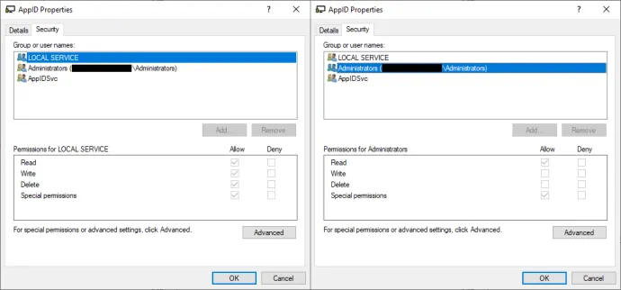 Access control entries of \Device\AppId, revealing that while local service is allowed write access, administrators are not. 