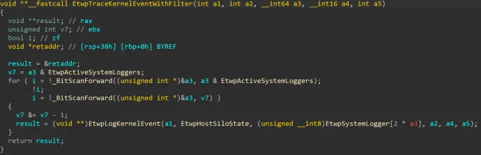 Example decompilation of EtwpTraceKernelEventWithFilter. After the rootkit zeroes out EtwpActiveSystemLoggers, EtwpLogKernelEvent will never get called from inside the loop since the condition guarding the loop will always evaluate to zero. 