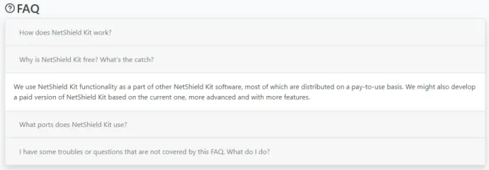 A screenshot of the FAQ section from the NetShield Kit website.